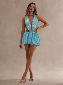 Glamine Vestido mini con halter y decoración de lentejuelas, sexy