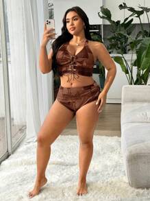 Slaydiva Plus Size Allover Print Halter Cutout Split Bikini Set For Summer Beach Vacation - Brown - View 5