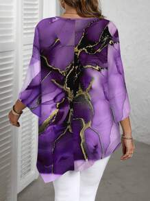 EMERY ROSE Plus Size Casual Marble Ink Texture Pattern Round Neck Long Sleeve Shirt, Suitable For Spring/Autumn