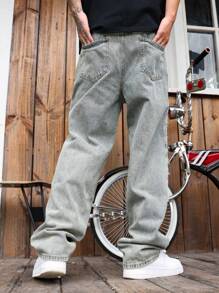 Manfinity LEGND Jeans casuales de moda de calle con bolsillos desgastados de unicolor para hombre