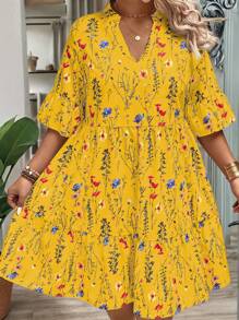 EMERY ROSE Plus Size Women Branch & Floral Print V-Neck Ruffled Hem Loose Shift Dress For Summer - Yellow - View 6