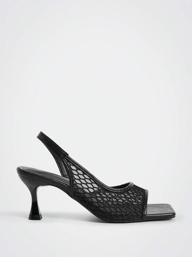 Women's Summer New Arrival French Square Toe High Heel Sandals, Classic Black Mesh Crisscross Strap Thin Heel