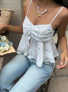 SHEIN Frenchy Solid Color & Blue-White Floral Pleated Camisole Top,  Wrap Chest Shrink Ruffle Camisole Top,Embroidered Striped Undershirt,Ruffle Hem Camisole,Romantic And Elegant,Allover Floral Print + Striped Embroidered Crepe Fabric,Elasticized Back,For Holiday And Everyday Wear Summer - Blue and White - View 5