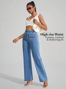 SHEIN Essnce 女式纯色松紧腰口袋休闲时尚牛仔裤 - 藍色 - 查看 3