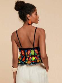Travachic Women's Black Floral Print Ruffled Hem Camisole Top,Summer Boho Vacation Holiday Beach Clothes,Casual Festival Floral V Neck Sleeveless Tank Top - Black - View 2