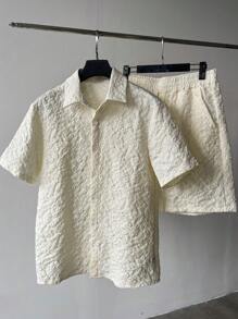 Manfinity Hypemode Men's Solid Color Short Sleeve Jacquard Casual Single-Breasted Shirt Set,Oversized,Summer Lace Shirt Men Crochet Shirt Mesh Shirt Floral Shirt Men Embroidered Shirt Men