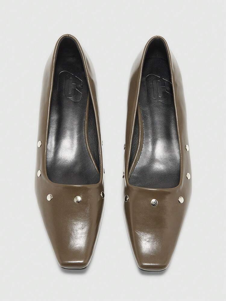 CUCCOO BIZCHIC Women's Casual Rivet Square Toe Flats Soft All-Match Style Designer Outfit Office Commute Loafers In Chocolate Brown