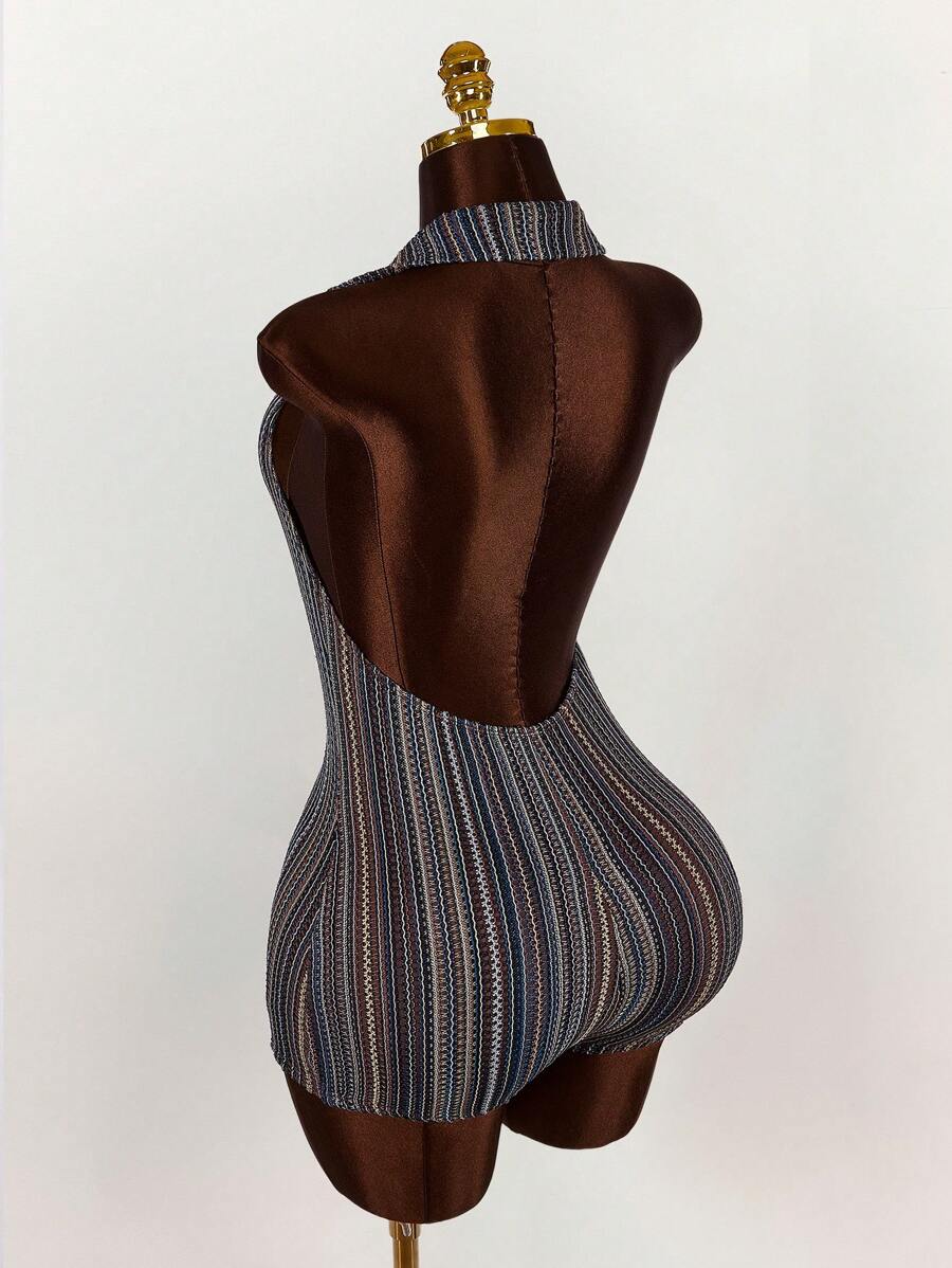 Amplova 2025 新款节日派对低胸纹理露背修身连体衣，波西米亚海滩风格 - 彩色 - 查看 1