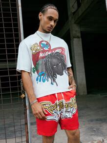 PAVTROS Manfinity Streetrush Men's Street Slogan Print T-Shirt And Shorts Set,White And Red Summer Streetwear City Break,Graphic Tees & Street Wear Co-Ords - Multicolor - View 1