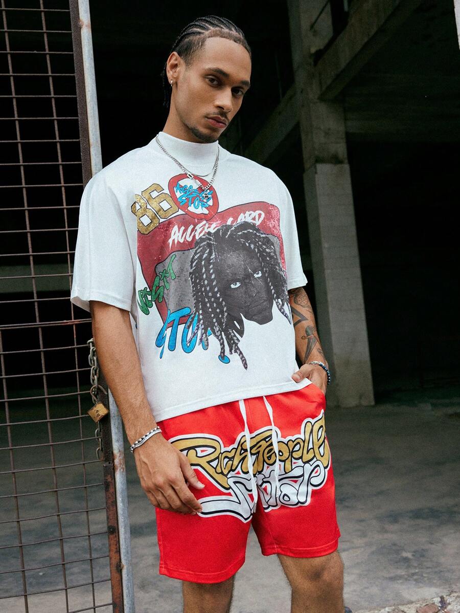 PAVTROS Manfinity Streetrush Men's Street Slogan Print T-Shirt And Shorts Set,White And Red Summer Streetwear City Break,Graphic Tees & Street Wear Co-Ords - Multicolor - View 1
