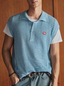 SWAVVY Men's Fashionable Casual Loose Knitted Hollow Back Polo Vest - Blue - View 4