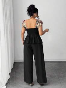 Elenzga Plus Size Women 2pcs Set, Asymmetric Mesh Embroidered Blouse & Wide Leg Pants - Black - View 2