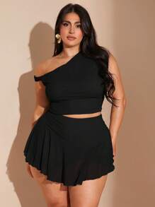 SHEIN BAE Bộ 2 áo thun nữ cổ tròn màu xanh ô liu cỡ lớn, dáng ôm, chân váy xếp ly, bộ đồ đi nghỉ - màu đen - Xem 3