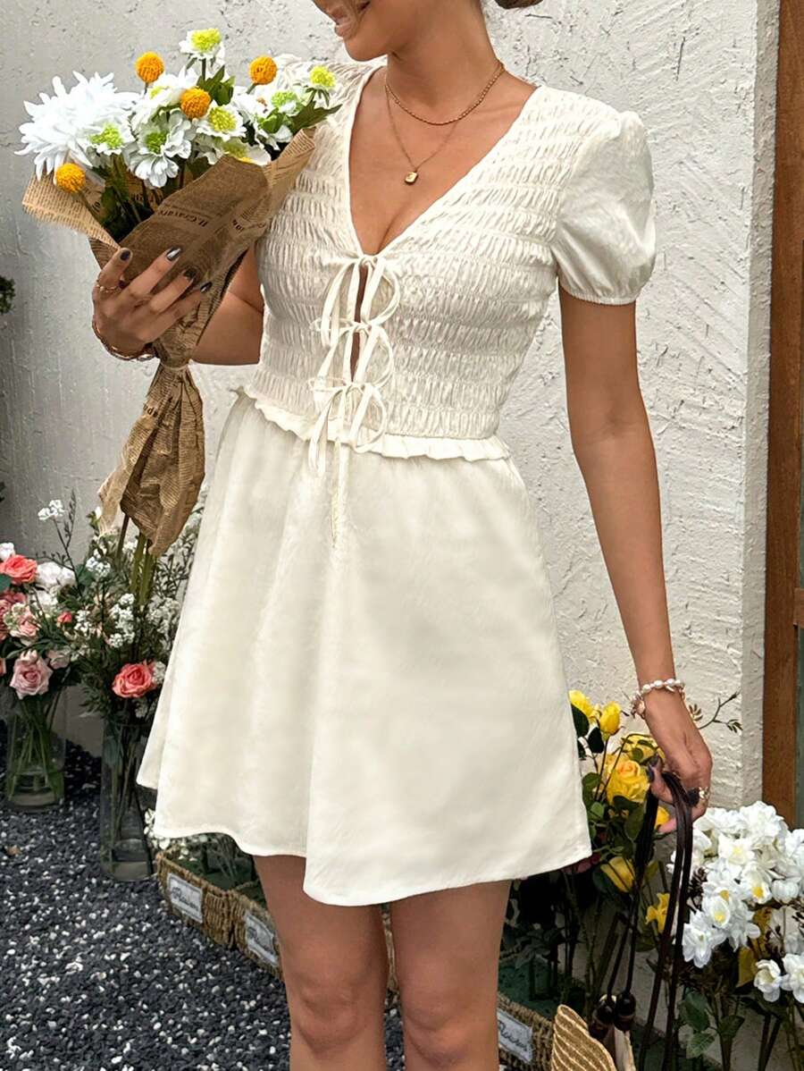 SHEIN LUNE Front-Tie Bowknot Puff Sleeve Bell Sleeve Frill Trim A-Line Casual Vacation Elegant Short Dress, For Women, Spring/Summer - Apricot - View 1