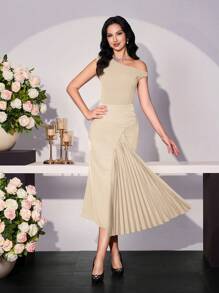 Modelyn 女式不对称肩部褶饰拼接优雅浪漫连衣裙，春夏 - 米色 - 查看 4
