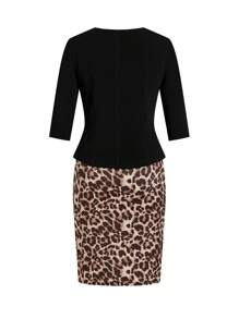 Ellevyn 2pcs Set: Black Fitted Mid-Sleeve Jacket + Mesh Leopard Print Sleeveless Midi Fitted Dress