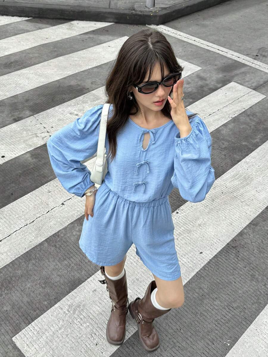 SHEIN 少女纯色圆领休闲连体裤 - 卡其色 - 查看 1