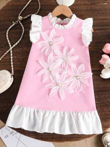 Kleine Mädchenkleid mit zarten rosa Tönen für den Sommer, zarte 3D Blumendetails verleihen märchenhaften Charme, trage es und werde im Nu zu einer Märchenprinzessin - Pink - Übersicht 3