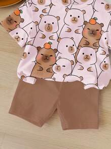 SHEIN Conjunto de 2 piezas de top de manga corta y shorts informal y minimalista para niña, adecuado para el verano - Multicolor - Ver 5