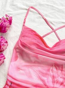 Soleia Damska sukienka mini na wakacje z kwiatowym nadrukiem i ramiączkami spaghetti, drapowany dekolt, odkryte plecy, wiązana kokarda, rybi ogon, romantyczny styl, sukienka mini, wypoczynek, zakupy, romantyczna randka, strój plażowy, siateczka, młoda dama - Wielokolorowe - Zobacz 4