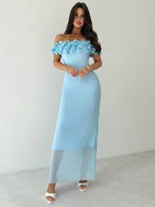 Firerie Đầm Maxi Ôm Body Lưới Hoa Một Vai Màu Xanh Lãng Mạn Thanh Lịch, Thích Hợp Cho Các Buổi Hẹn Hò, Tiệc Tùng, Kỳ Nghỉ - Màu xanh lam - Xem 10