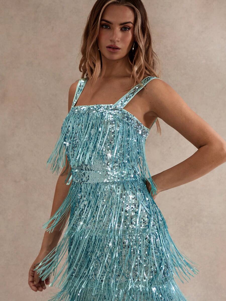 Glamine 时尚亮片露背连衣裙吊带流苏短款女式连衣裙蓝色连衣裙节日派对服装、女士生日连衣裙、女士短款连衣裙、鸡尾酒会连衣裙、女士度假服装、性感派对连衣裙、性感辣妹、女士派对连衣裙、女士夏季短款连衣裙、流苏连衣裙 - 藍色 - 查看 1
