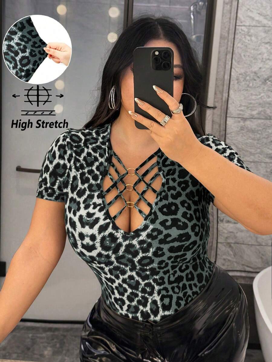 NU&NOW 女式加大码性感豹纹交叉带镂空设计紧身弹力面料派对俱乐部装短袖短款 T 恤，春夏 - 彩色 - 查看 1