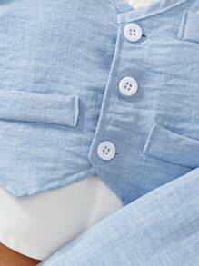 Baby Boy 3pcs Set: Vest, Shorts, Bowknot, Mother's Day First Outfit, Fashionable V-Neck Vest, Summer New Dress Set, Fake Pocket Decor On V-Neck Vest, Adjustable Waist Elastic Shorts, Suitable For Birthday, Party, Wedding - Multicolor - View 6