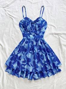 Soleia 女式花卉印花无袖 V 领荷叶边腰修身连体裤，蓝色轮廓花朵图案，非常适合度假、派对、约会、下午茶、海滩 - 彩色 - 查看 5