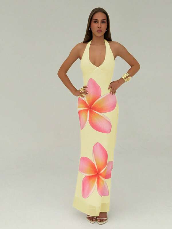 Aloruh Women's Sexy Floral Print Open Back Halter Maxi Dress For Summer,Bohemian Clothes