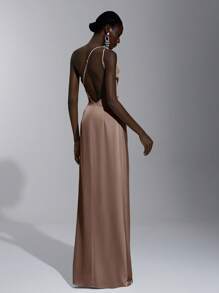Elitara Abito elegante, romantico, sexy, minimalista, in raso, elasticizzato, senza schienale, con volant, attillato, con spacco alto, alla moda, stile influencer, da occasione, da vacanza, festa di compleanno, matrimonio, damigella