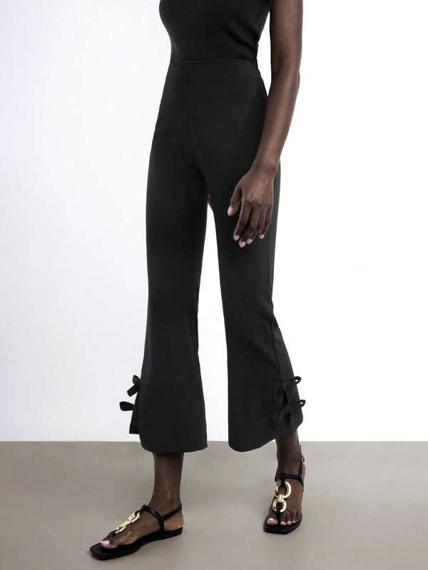 Maija Pantaloni de damă 7/8, negri, cu elasticitate ridicată, din in, fără talie, cu fundă, pentru vară și toamnă, 2025, noi, cu design elegant, urban, romantic, Y2K, rural, festival de muzică, vintage, retro, stradă, afaceri, casual, birou, întâlniri, petrecere, ieșiri în oraș, aeroport, înapoi la școală, modă de toamnă.
