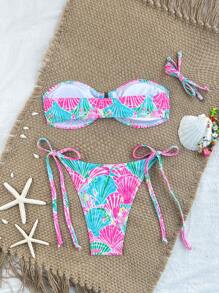 Swim Mod 1 Set Women's Beach Vacation Ocean Life Printed Metallic Decor Lace-Up Halter Sexy Bikini Set