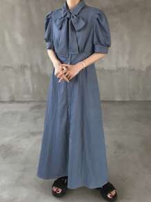FRIFUL Women's Dusty Blue Denim Dress,Autumn Ellegant Dining Pleated Single-Breasted Puff Short Sleeve Solid Color Butterfly Decor Formal Summer Clothes - Blue - View 3