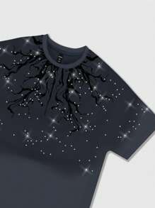 ROMWE MEN Men's Street Life Rhinestone Print Short Sleeve T-Shirt, Rave - Dark Grey - View 3