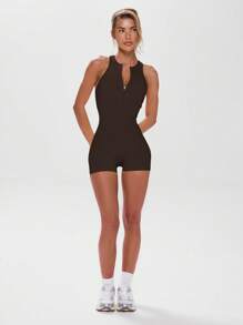 Musera Sport Round Neck Cut Out Back Zip Seamless Unitard Active Workout Gym Fitness Winter - Coffee Brown - View 5