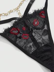 ROMWE Dark Gothic Lip & Eyelash Lace Heart-Shaped Crotchless Sexy G-String Panty