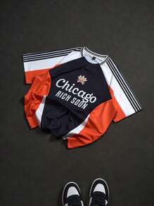 Manfinity Sporsity Camiseta de manga corta de cuello redondo con estampado de rayas de contraste casual para hombres en verano