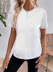 SHEIN Clasi Women's Solid Color Round Neck Elegant Office Short Sleeve T-Shirt