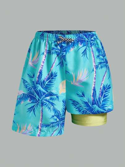 SHEIN 1 件青少年男孩休闲运动度假全椰子树图案二合一沙滩裤适合度假和旅行适合运动适合春夏季节