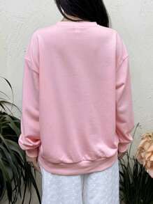 SHEIN Loose Casual Minimalist Comfy Round Neck Floral Graphic Sweatshirt, For Teen Girl,In Fall/Winter - Pink - View 2