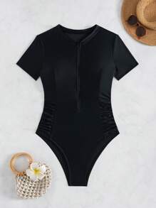 Swim SPRTY 1 件女士时尚纯色运动连体泳衣 - 黑色 - 查看 7