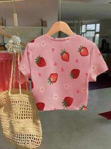 Maglietta corta a maniche corte, girocollo, crop top, di moda per l'estate, per donna