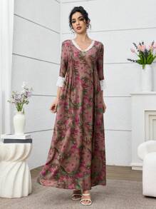 SHEIN Najma Al Najma 女士花卉印花蕾丝拼布长袍，阿拉伯风格，夏季穿着 - 彩色 - 查看 4