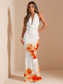 SHEIN BAE Vestido largo con estampado floral, cuello drapeado y ajuste ceñido para mujer, uso casual de verano - Multicolor - Ver 2