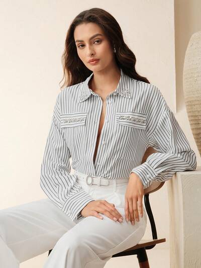 Women's Spring/Summer Striped Beaded Chain Decor Long Sleeve Elegant Vacation Blouse Shirt