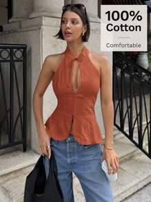 Siren Gaze 女式蝴蝶结领镂空修身背心，镂空无袖衬衫