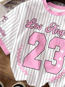 SHEIN Tween Girl Cute Bright Pink Ballet Bow Stripe Letter Graphic Oversized Loose Short Sleeve T-Shirt, Casual Summer Vacation Chill - Multicolor - View 4