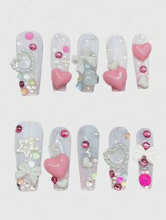Kawaii Kawaii Y2K Bowknot 3D Heart Colorful Polka Dot Milky Long Square Pure Handmade False Nails, Sweet Dopamine Girl