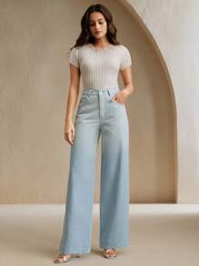 SHEIN X Jwoww Anewsta 新款时尚镶满闪亮水钻的渐变蓝色牛仔直筒裤，适合派对、情人节、母亲节等场合穿着。 - 藍色 - 查看 4